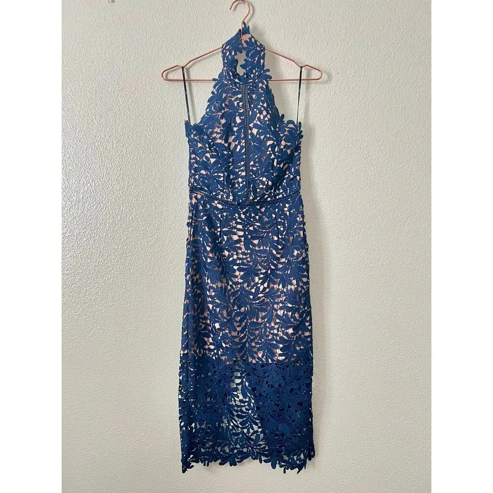 Lulus Divine Destiny Navy Blue Lace Midi Dress halter